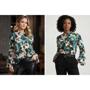 Lucky Brand Floral Button-Up w/ Tie Sleeves | Medium